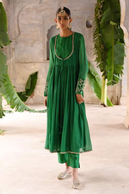 Buy_Deep Thee_Green Chanderi Zari, Beads, Angrakha Anarkali Set With Embroidered Dupatta _Online_at_Aza_Fashions