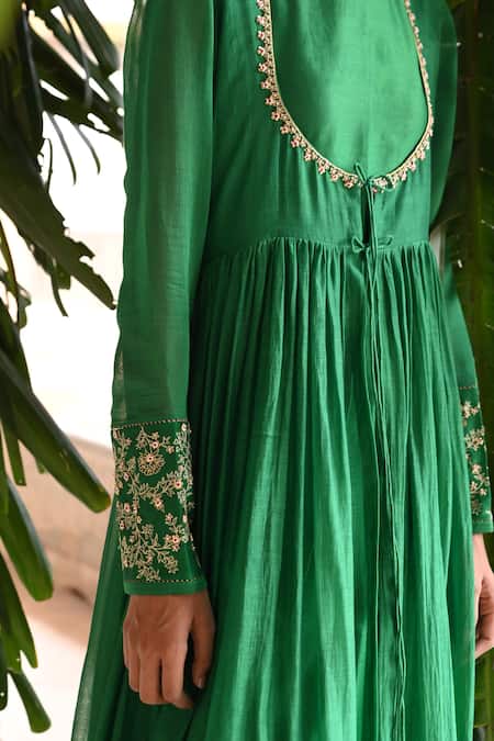 Shop_Deep Thee_Green Chanderi Zari, Beads, Angrakha Anarkali Set With Embroidered Dupatta _Online_at_Aza_Fashions