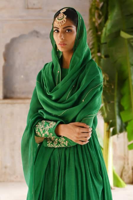 Deep Thee_Green Chanderi Zari, Beads, Angrakha Anarkali Set With Embroidered Dupatta _at_Aza_Fashions