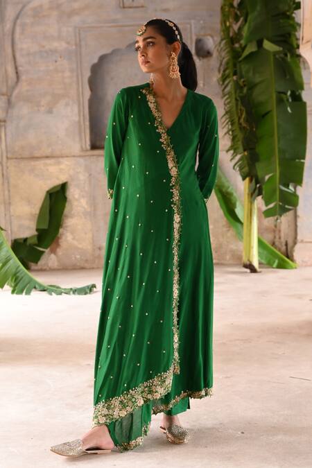 Deep Thee_Green Chanderi, Organza Beads, Cut Work, Embroidery Zardozi Panelled Kurta Set _Online_at_Aza_Fashions