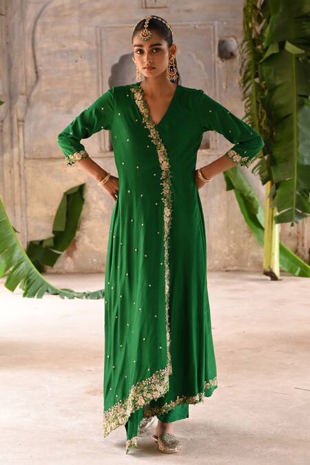 Buy_Deep Thee_Green Chanderi, Organza Beads, Cut Work, Embroidery Zardozi Panelled Kurta Set _Online_at_Aza_Fashions
