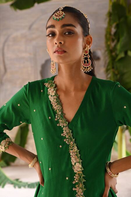 Shop_Deep Thee_Green Chanderi, Organza Beads, Cut Work, Embroidery Zardozi Panelled Kurta Set _Online_at_Aza_Fashions