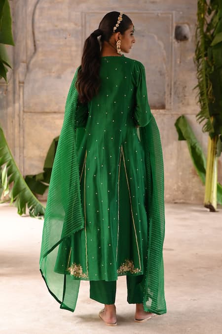Shop_Deep Thee_Green Chanderi Beads, Embroidery V-neck Zardozi Angrakha Anarkali Set _at_Aza_Fashions
