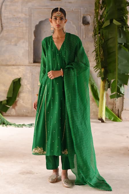 Deep Thee Green Chanderi Beads, Embroidery V-neck Zardozi Angrakha Anarkali Set Online at Aza Fashions Deep Thee_Green Chanderi Beads, Embroidery V-neck Zardozi Angrakha Anarkali Set _Online_at_Aza_Fashions