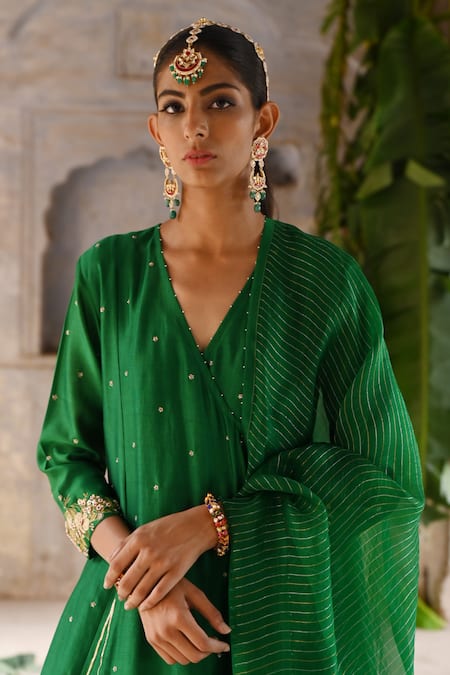 Buy Deep Thee Green Chanderi Beads, Embroidery V-neck Zardozi Angrakha Anarkali Set Online at Aza Fashions Buy_Deep Thee_Green Chanderi Beads, Embroidery V-neck Zardozi Angrakha Anarkali Set _Online_at_Aza_Fashions