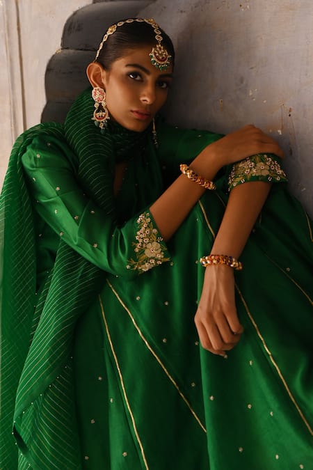 Shop_Deep Thee_Green Chanderi Beads, Embroidery V-neck Zardozi Angrakha Anarkali Set _Online_at_Aza_Fashions
