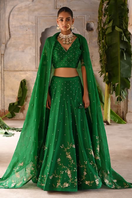 Deep Thee_Green Silk, Organza Zari, Sequins, Embroidery Phool Zardozi Bridal Lehenga Set _Online_at_Aza_Fashions