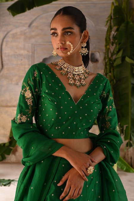 Buy_Deep Thee_Green Silk, Organza Zari, Sequins, Embroidery Phool Zardozi Bridal Lehenga Set _Online_at_Aza_Fashions