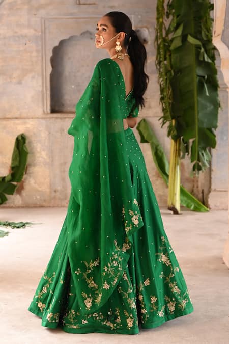 Deep Thee_Green Silk, Organza Zari, Sequins, Embroidery Phool Zardozi Bridal Lehenga Set _at_Aza_Fashions