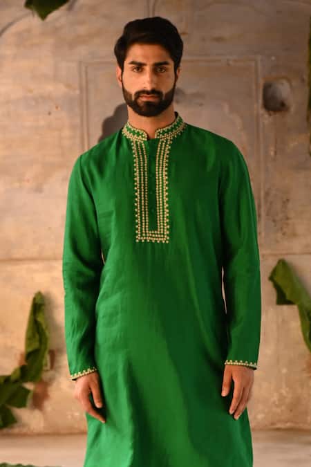 Deep Thee_Green Silk Zari, Beads Placement Embellished Kurta Set _Online_at_Aza_Fashions