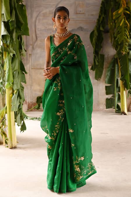Buy Green Silk Chiffon Embroidery V Neck Meghan Saree Set For Women by  Dolly J Online at Aza Fashions.