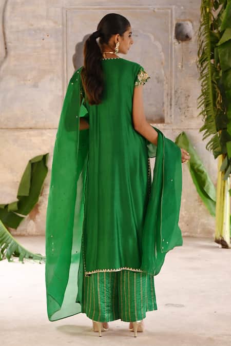 Shop_Deep Thee_Green Chanderi, Organza Sequins, Zari Floral Zardozi Embroidered Angrakha Set _at_Aza_Fashions