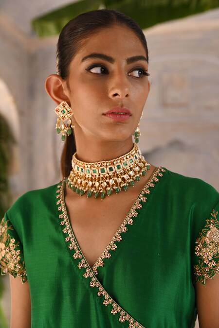 Deep Thee_Green Chanderi, Organza Sequins, Zari Floral Zardozi Embroidered Angrakha Set _Online_at_Aza_Fashions