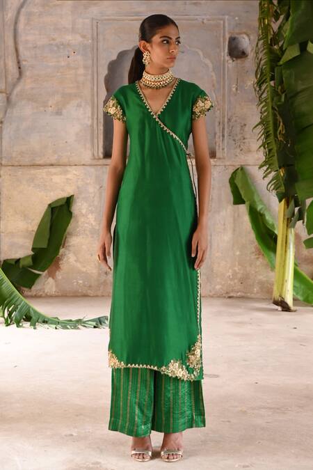 Buy_Deep Thee_Green Chanderi, Organza Sequins, Zari Floral Zardozi Embroidered Angrakha Set _Online_at_Aza_Fashions