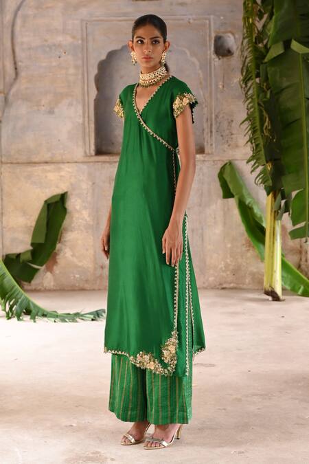 Shop_Deep Thee_Green Chanderi, Organza Sequins, Zari Floral Zardozi Embroidered Angrakha Set _Online_at_Aza_Fashions