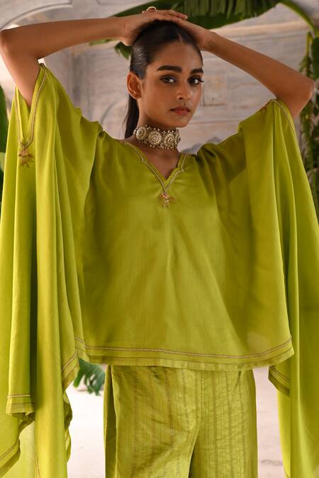 Deep Thee_Green Silk, Chanderi Embroidery V-neck Placement Kaftan And Pant Set _at_Aza_Fashions