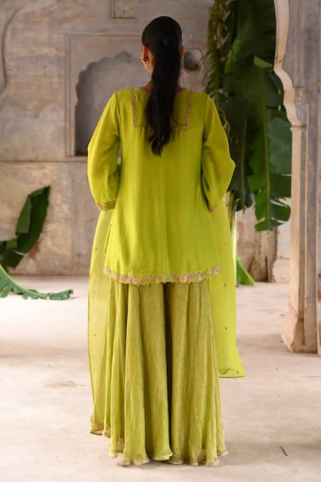 Shop_Deep Thee_Green Organza, Tissue, Chanderi Pearls, Zari, Zardozi Kurta Sharara Set _at_Aza_Fashions
