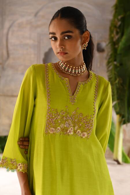 Buy_Deep Thee_Green Organza, Tissue, Chanderi Pearls, Zari, Zardozi Kurta Sharara Set _Online_at_Aza_Fashions