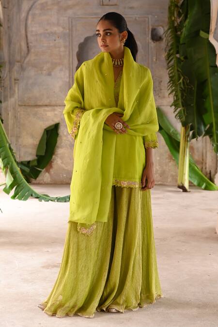 Deep Thee_Green Organza, Tissue, Chanderi Pearls, Zari, Zardozi Kurta Sharara Set _at_Aza_Fashions