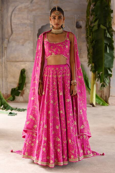 Deep Thee_Fuchsia Silk, Organza Sequins, Zari, Phool Jaal Zardozi Bridal Lehenga Set _Online_at_Aza_Fashions