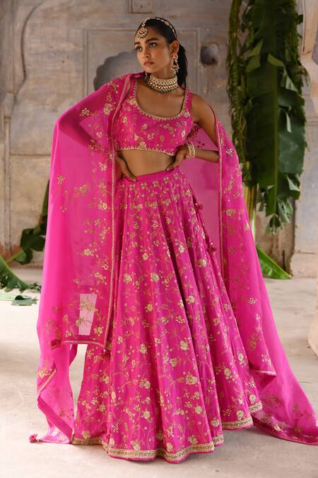 Buy_Deep Thee_Fuchsia Silk, Organza Sequins, Zari, Phool Jaal Zardozi Bridal Lehenga Set _Online_at_Aza_Fashions
