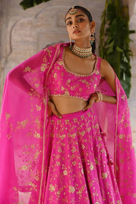 Shop_Deep Thee_Fuchsia Silk, Organza Sequins, Zari, Phool Jaal Zardozi Bridal Lehenga Set _Online_at_Aza_Fashions
