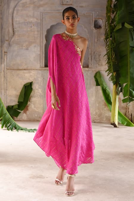 Deep Thee_Fuchsia Silk Sequins, Zari One Shoulder Embroidered Draped Dress _Online_at_Aza_Fashions
