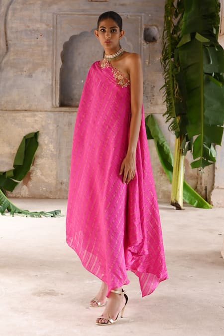 Buy_Deep Thee_Fuchsia Silk Sequins, Zari One Shoulder Embroidered Draped Dress _Online_at_Aza_Fashions