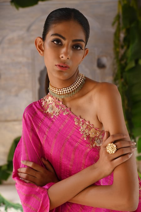 Shop_Deep Thee_Fuchsia Silk Sequins, Zari One Shoulder Embroidered Draped Dress _Online_at_Aza_Fashions