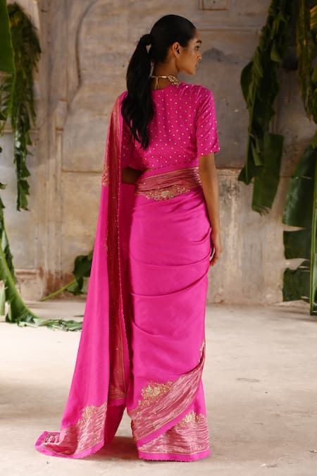 Deep Thee Fuchsia Silk Zardozi Embroidered Saree Set 