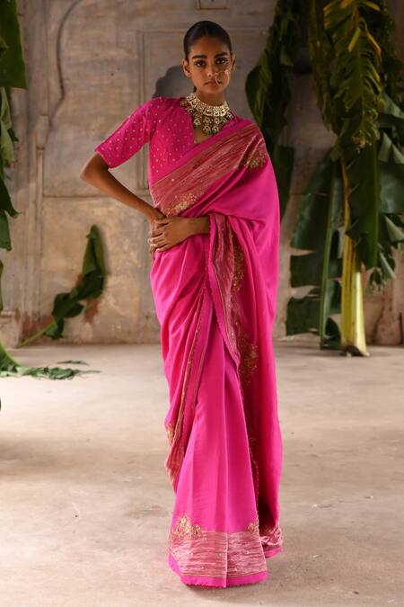 Shop_Deep Thee_Fuchsia Silk Sequins, Zari V-neck Zardozi Embroidered Saree Set _Online_at_Aza_Fashions
