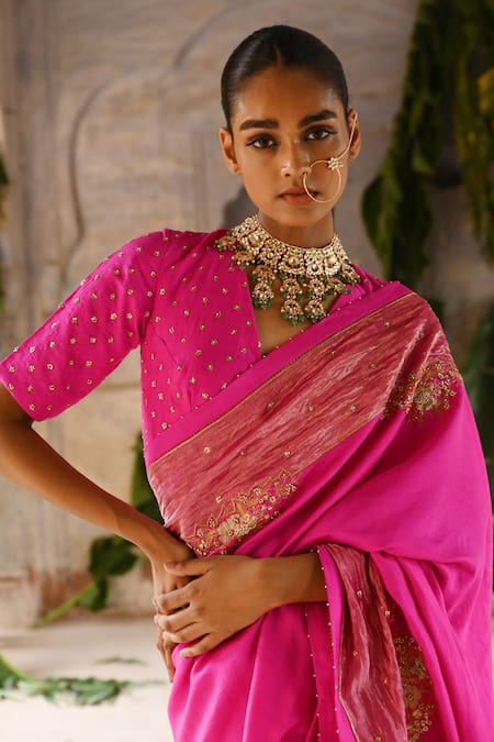 Deep Thee_Fuchsia Silk Sequins, Zari V-neck Zardozi Embroidered Saree Set _at_Aza_Fashions