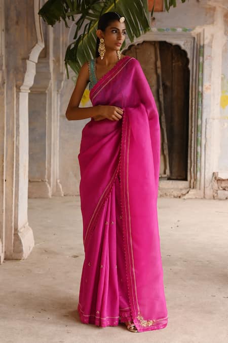 Deep Thee_Fuchsia Silk, Organza Pearls, Sequins Embroidered Pink Saree And Blouse Set _Online_at_Aza_Fashions