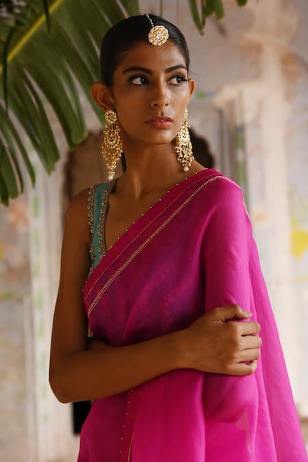 Buy_Deep Thee_Fuchsia Silk, Organza Pearls, Sequins Embroidered Pink Saree And Blouse Set _Online_at_Aza_Fashions