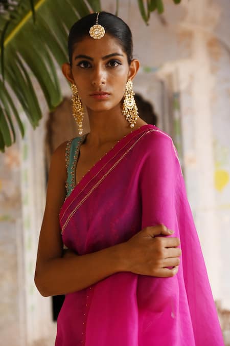 Shop_Deep Thee_Fuchsia Silk, Organza Pearls, Sequins Embroidered Pink Saree And Blouse Set _Online_at_Aza_Fashions