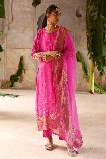 Deep Thee_Fuchsia Silk, Organza Sequins, Pearls, Beads Zardozi Embroidered Kurta Pant Set _Online_at_Aza_Fashions