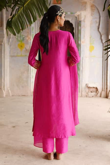 Shop_Deep Thee_Pink Silk, Organza Sequins, Beads, Petunia Zardozi Yoke Kurta Pant Set _at_Aza_Fashions