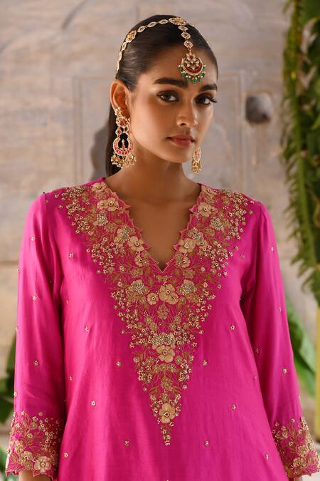 Deep Thee_Pink Silk, Organza Sequins, Beads, Petunia Zardozi Yoke Kurta Pant Set _Online_at_Aza_Fashions