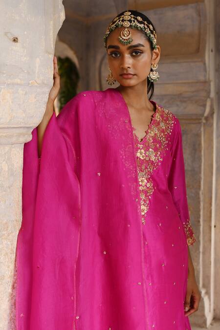 Buy_Deep Thee_Pink Silk, Organza Sequins, Beads, Petunia Zardozi Yoke Kurta Pant Set _Online_at_Aza_Fashions