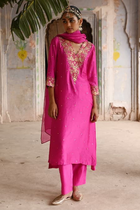 Shop_Deep Thee_Pink Silk, Organza Sequins, Beads, Petunia Zardozi Yoke Kurta Pant Set _Online_at_Aza_Fashions