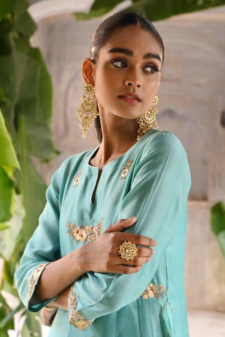 Deep Thee_Blue Silk, Chanderi, Organza Bloom Crest Embroidered Yoke Kurta Pant Set _at_Aza_Fashions