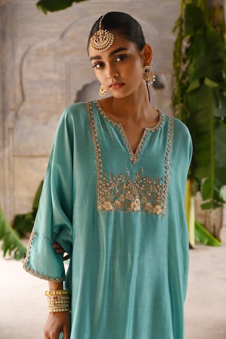 Buy_Deep Thee_Blue Chanderi Embroidery, Beads V-neck Bloom Zardozi Yoke Kaftan Pant Set _Online_at_Aza_Fashions