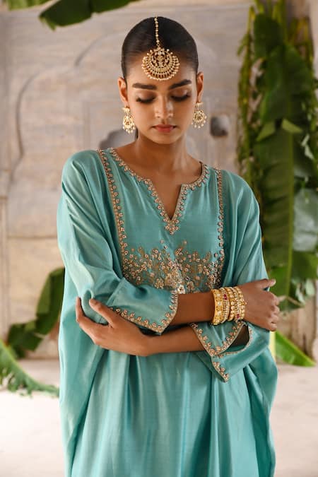 Shop_Deep Thee_Blue Chanderi Embroidery, Beads V-neck Bloom Zardozi Yoke Kaftan Pant Set _Online_at_Aza_Fashions