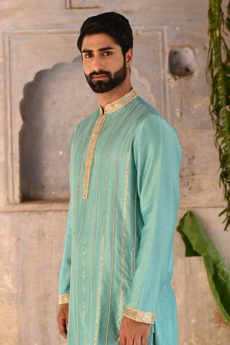Deep Thee_Blue Chanderi Metallic Thread Moti And Zardosi Pitta Striped Kurta Set _Online_at_Aza_Fashions