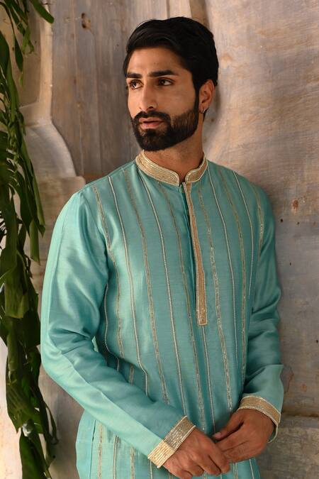 Buy_Deep Thee_Blue Chanderi Metallic Thread Moti And Zardosi Pitta Striped Kurta Set _Online_at_Aza_Fashions