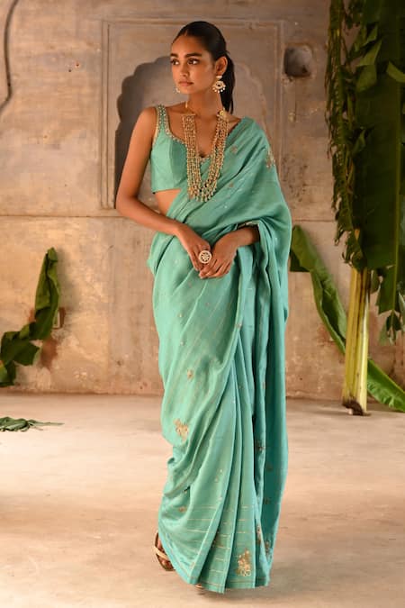 Deep Thee_Blue Silk Sequins, Zari Sweetheart Blossom Zardozi Embroidered Saree With Blouse _Online_at_Aza_Fashions