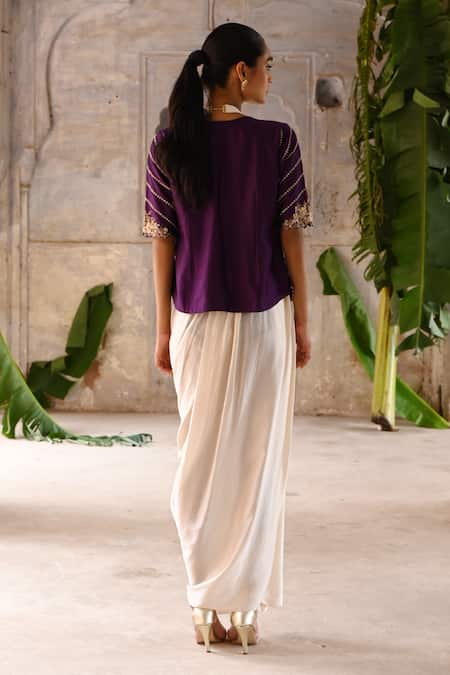 Shop_Deep Thee_Purple Chanderi, Satin Zari, Iris Phool Embroidered Jacket Draped Skirt Set _at_Aza_Fashions