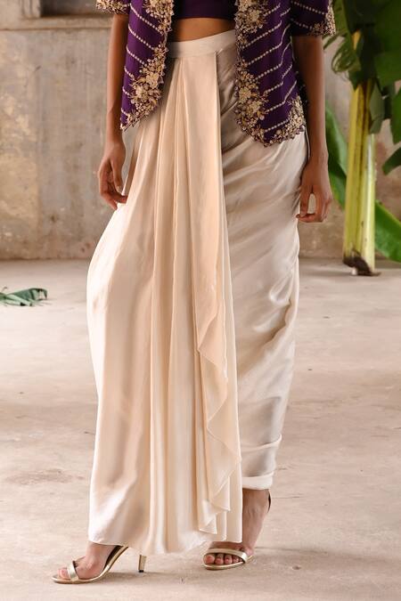 Deep Thee Purple Chanderi, Satin Zari, Iris Phool Embroidered Jacket Draped Skirt Set Online at Aza Fashions Deep Thee_Purple Chanderi, Satin Zari, Iris Phool Embroidered Jacket Draped Skirt Set _Online_at_Aza_Fashions