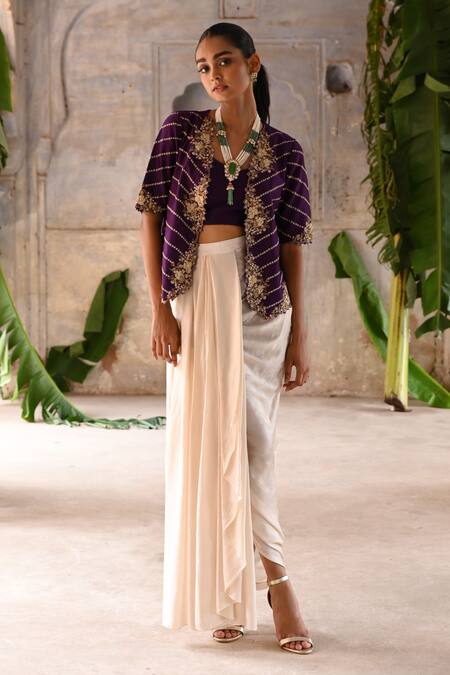 Buy_Deep Thee_Purple Chanderi, Satin Zari, Iris Phool Embroidered Jacket Draped Skirt Set _Online_at_Aza_Fashions