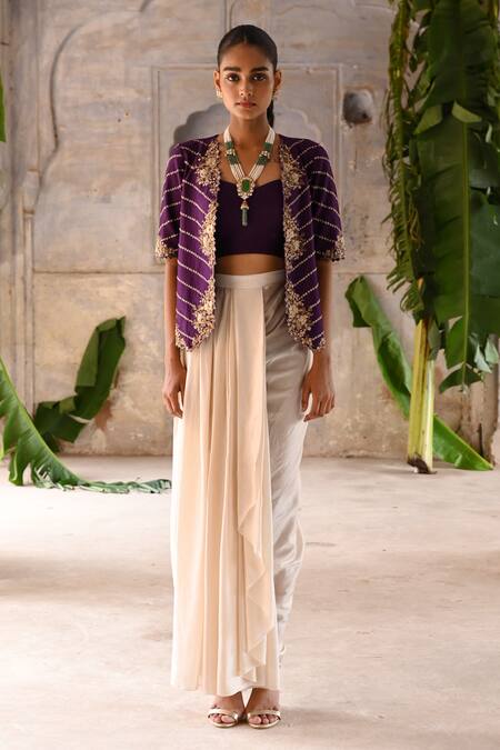 Shop_Deep Thee_Purple Chanderi, Satin Zari, Iris Phool Embroidered Jacket Draped Skirt Set _Online_at_Aza_Fashions